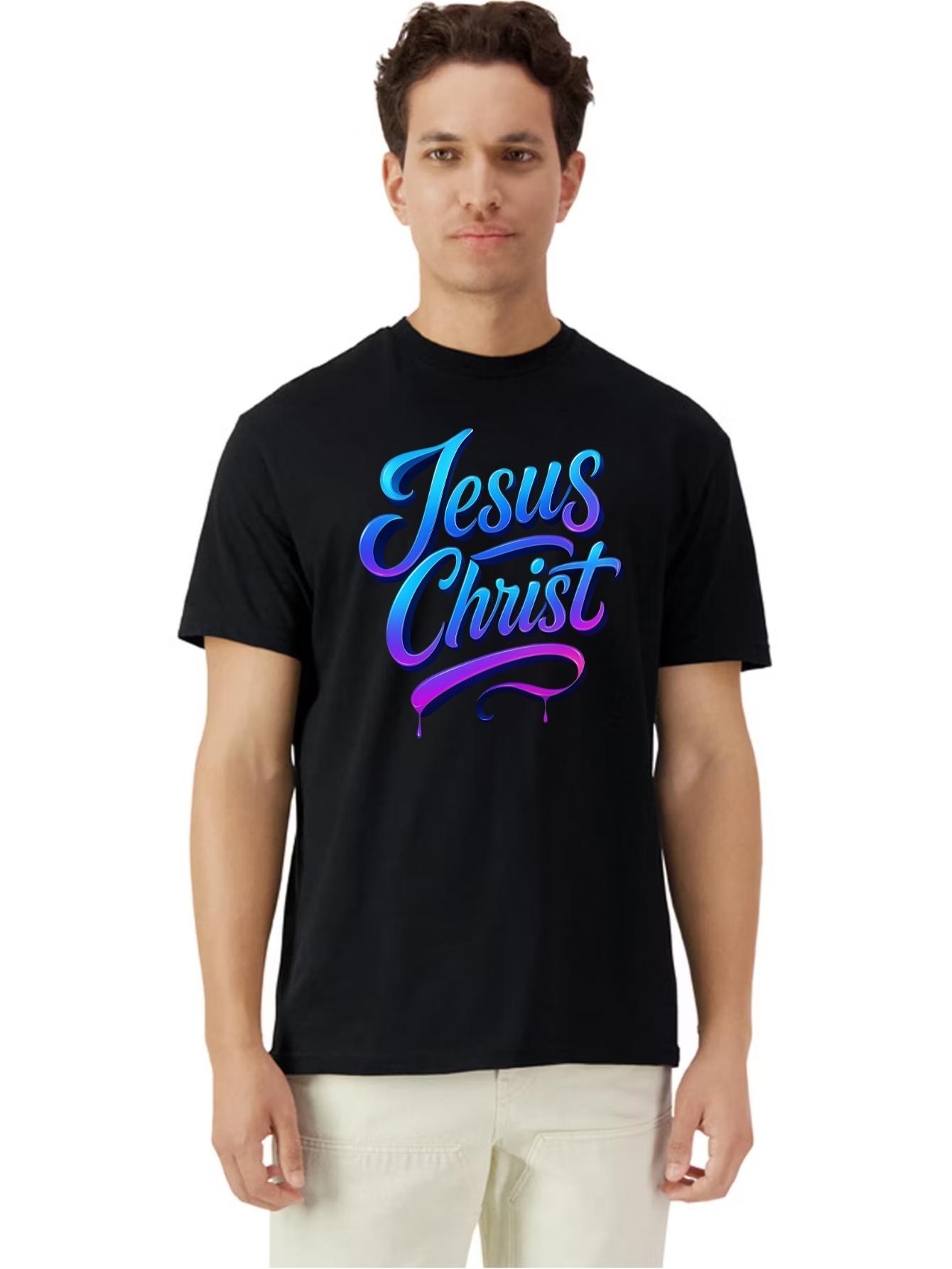 Camiseta Unisex de Algodón en Negro con Estampado de Jesus Christ Purpura