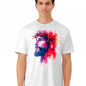 Camiseta Unisex de Algodón Blanco con Estampado de Jesús y Resaltado Magenta