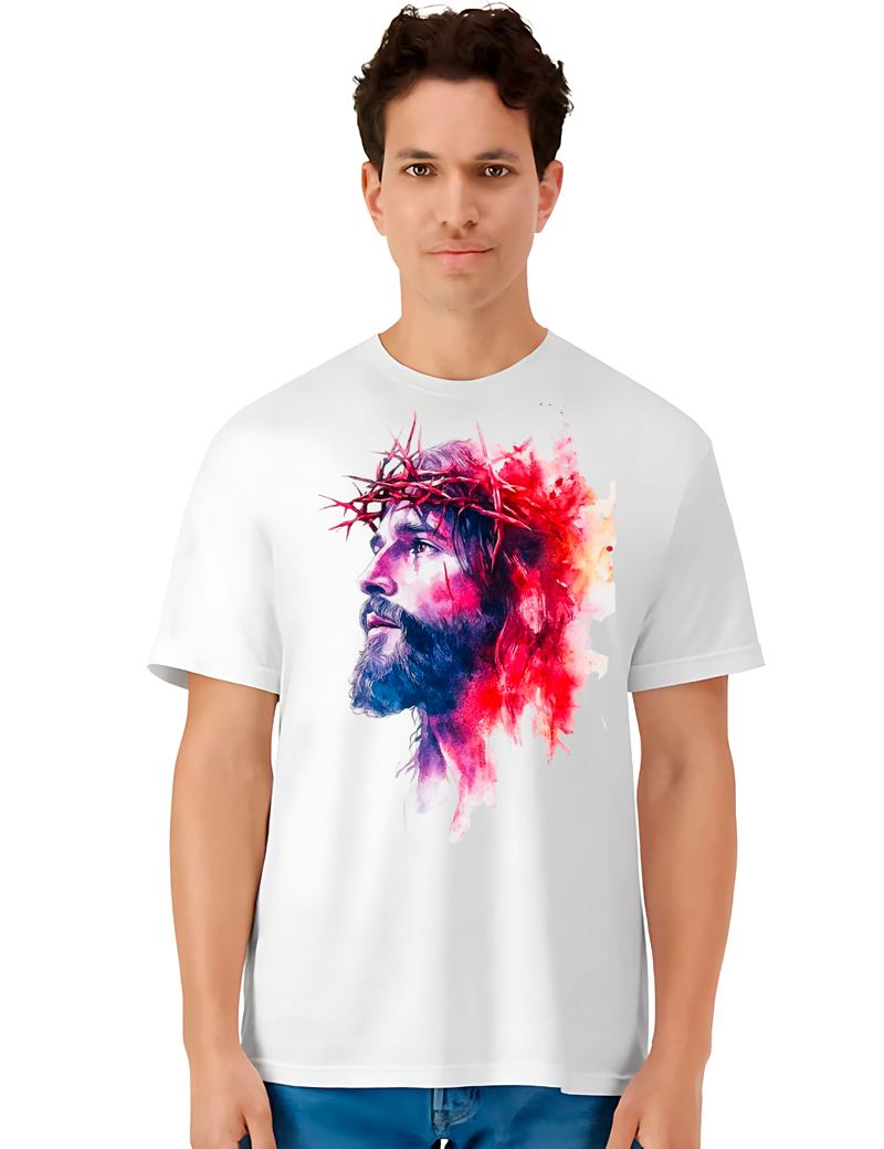 Camiseta Unisex de Algodón Blanco con Estampado de Jesús y Resaltado Magenta
