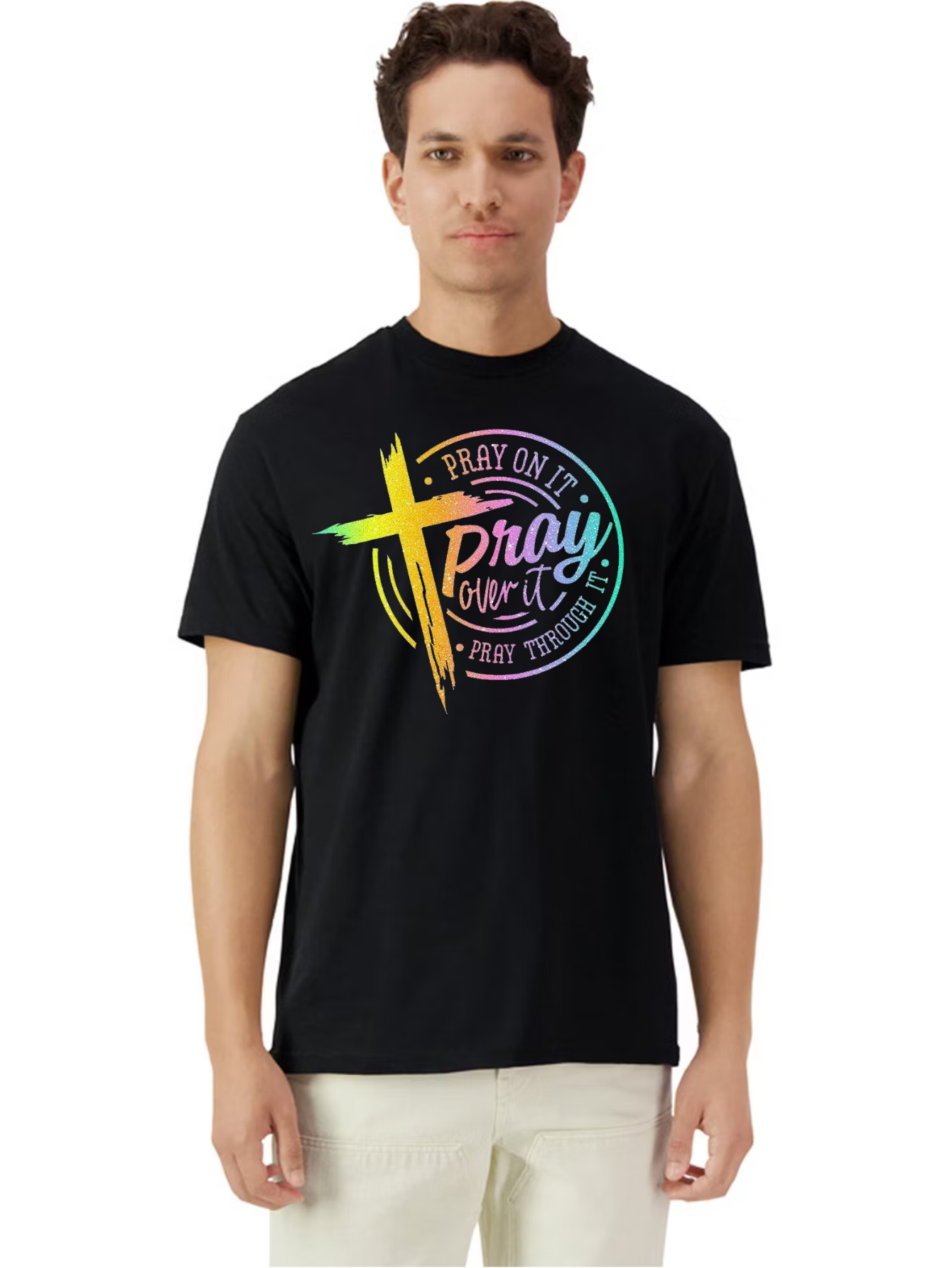 Camiseta Unisex de Algodón en Negro con Estampado de Pray On It