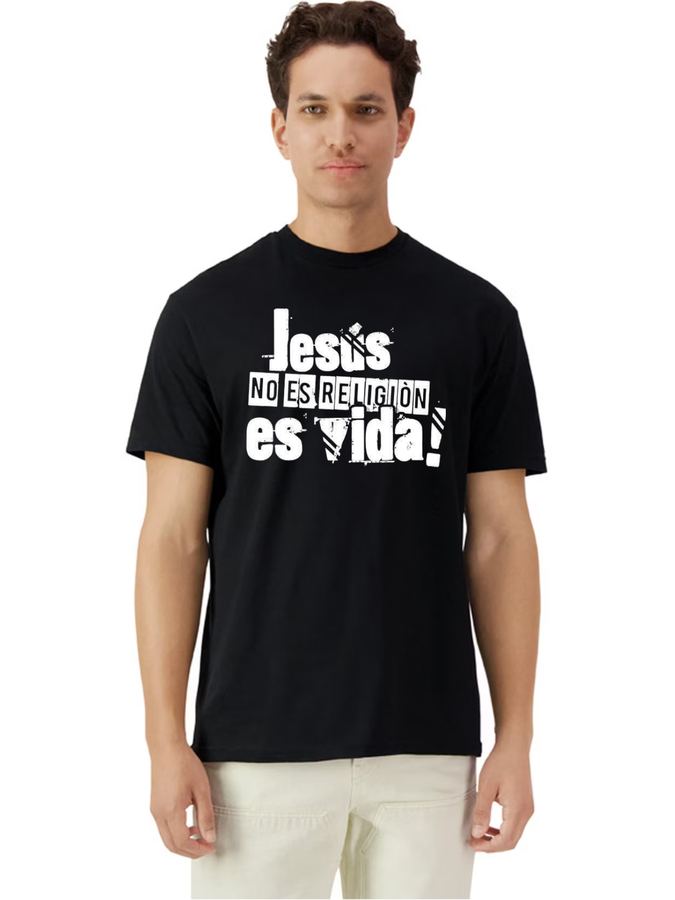 Camiseta Unisex de Algodón en Negro con Estampado de Jesus no es Religion es Vida!