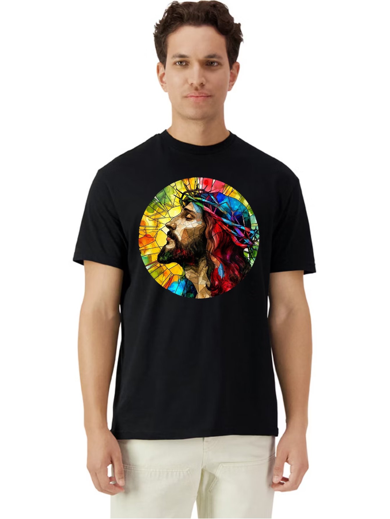 Camiseta Unisex de Algodón en Negro con Estampado de Jesus Full Color