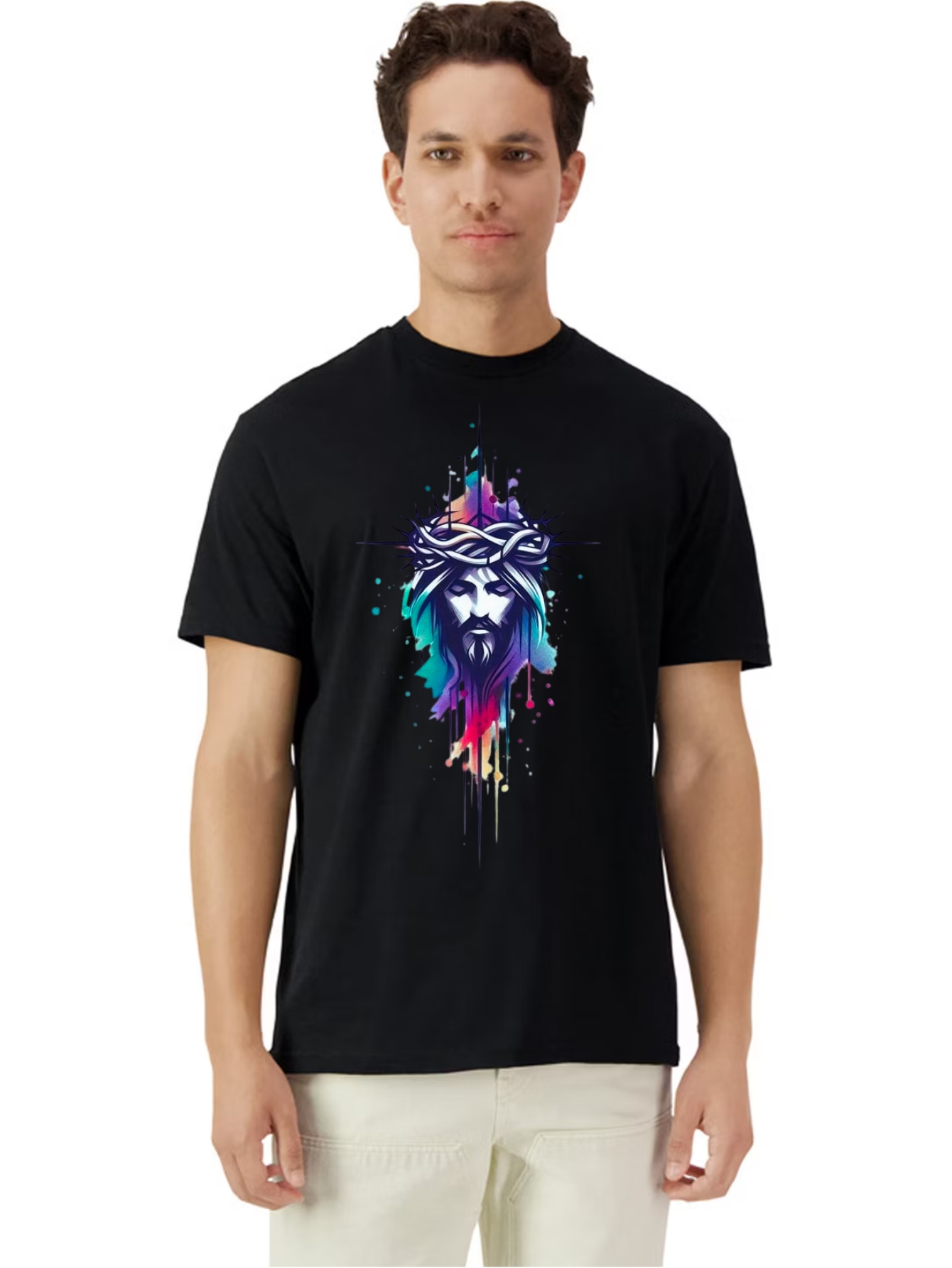 Camiseta Unisex de Algodón en Negro con Estampado de Jesús