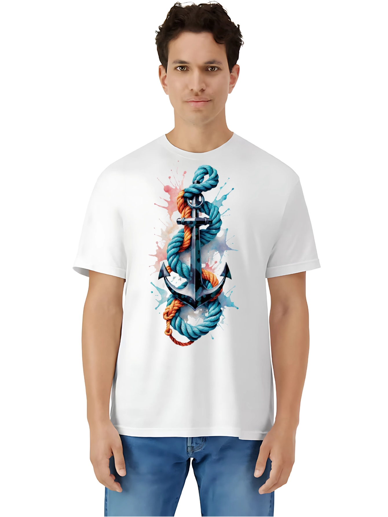 Camiseta Unisex de Algodón Blanco con Estampado con Ancla