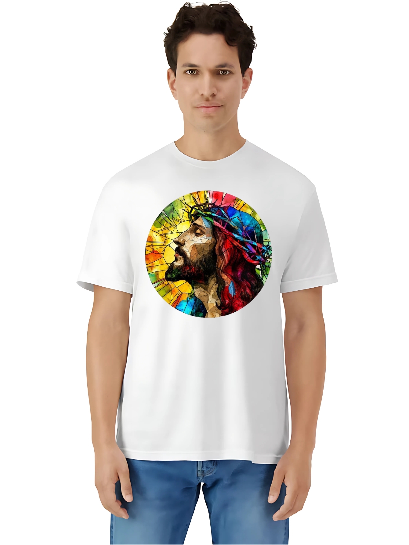 Camiseta Unisex de Algodón Blanco con Estampado de Jesús Full Color