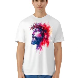 Camiseta Unisex de Algodón Blanco con Estampado de Jesús y Resaltado Magenta